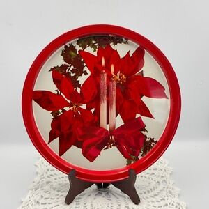 Vintage Christmas Poinsettia Round Metal Tin Serving Tray Red Rim Holiday 11"